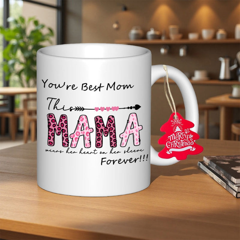 Tailorly White Ceramic 11 oz Mug - Youre Best Mom This Mama Wears Her Heart On Her Sleeve Forever Stylized Black Arrow With Pink Leopard Print Text And Hearts Mug