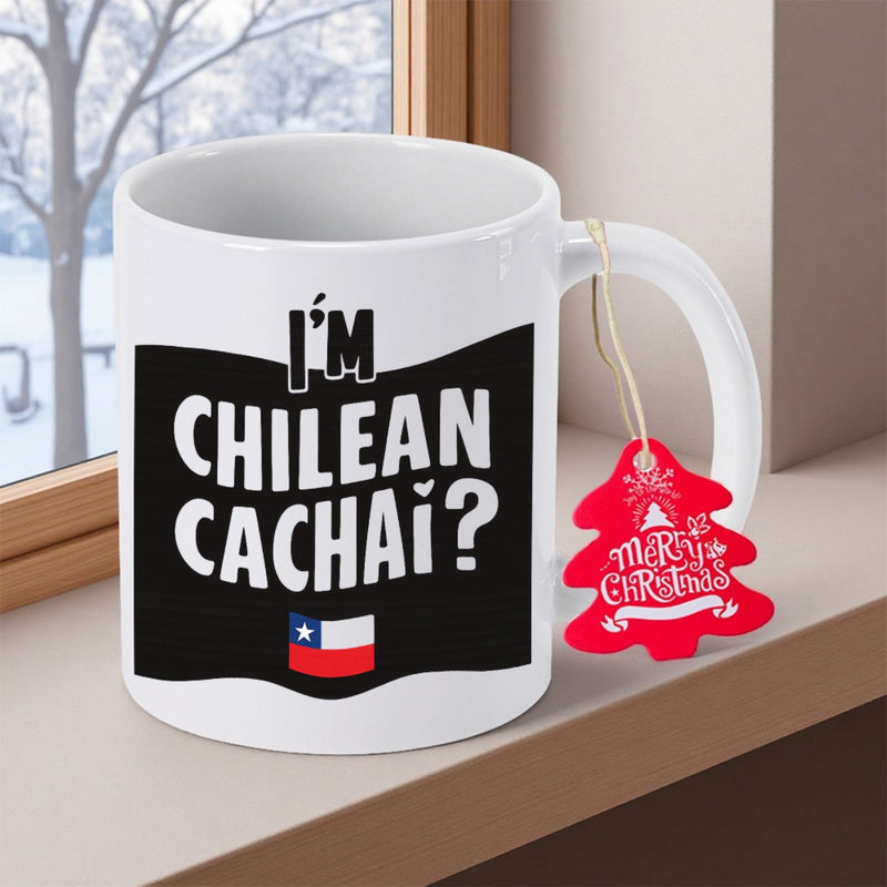Tailorly White Ceramic 11 oz Mug - I'm Chilean Cachai Minimalist Black Background Displaying A Vibrant Chilean Flag Mug