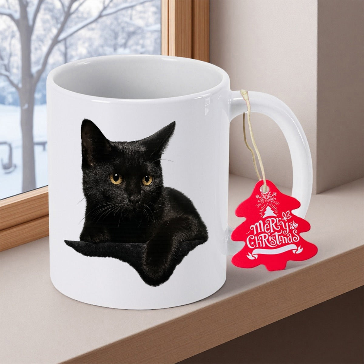 Tailorly White Ceramic 11 oz Mug - Merry Christmas Realistic Black Feline Sitting Gracefully With An Elegant Silhouette And Piercing Eyes Cat