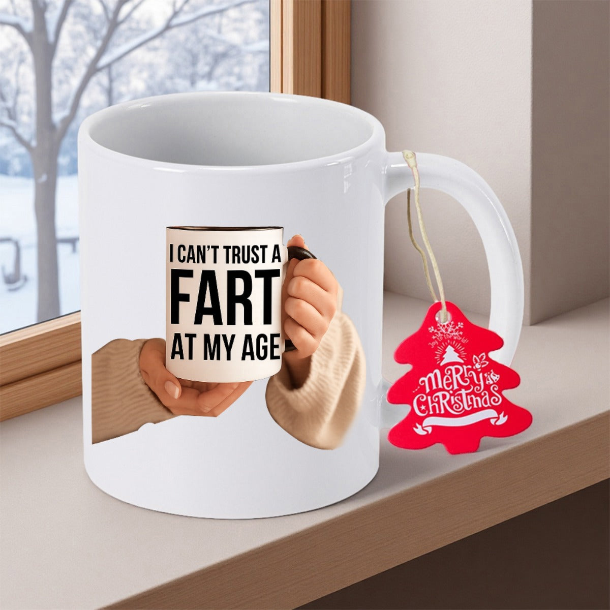 Tailorly White Ceramic 11 oz Mug - I Cant Trust A Fart At My Age Merry Christmas Hands Holding Small Cup With Red Holiday Tree Tag Attached Mug