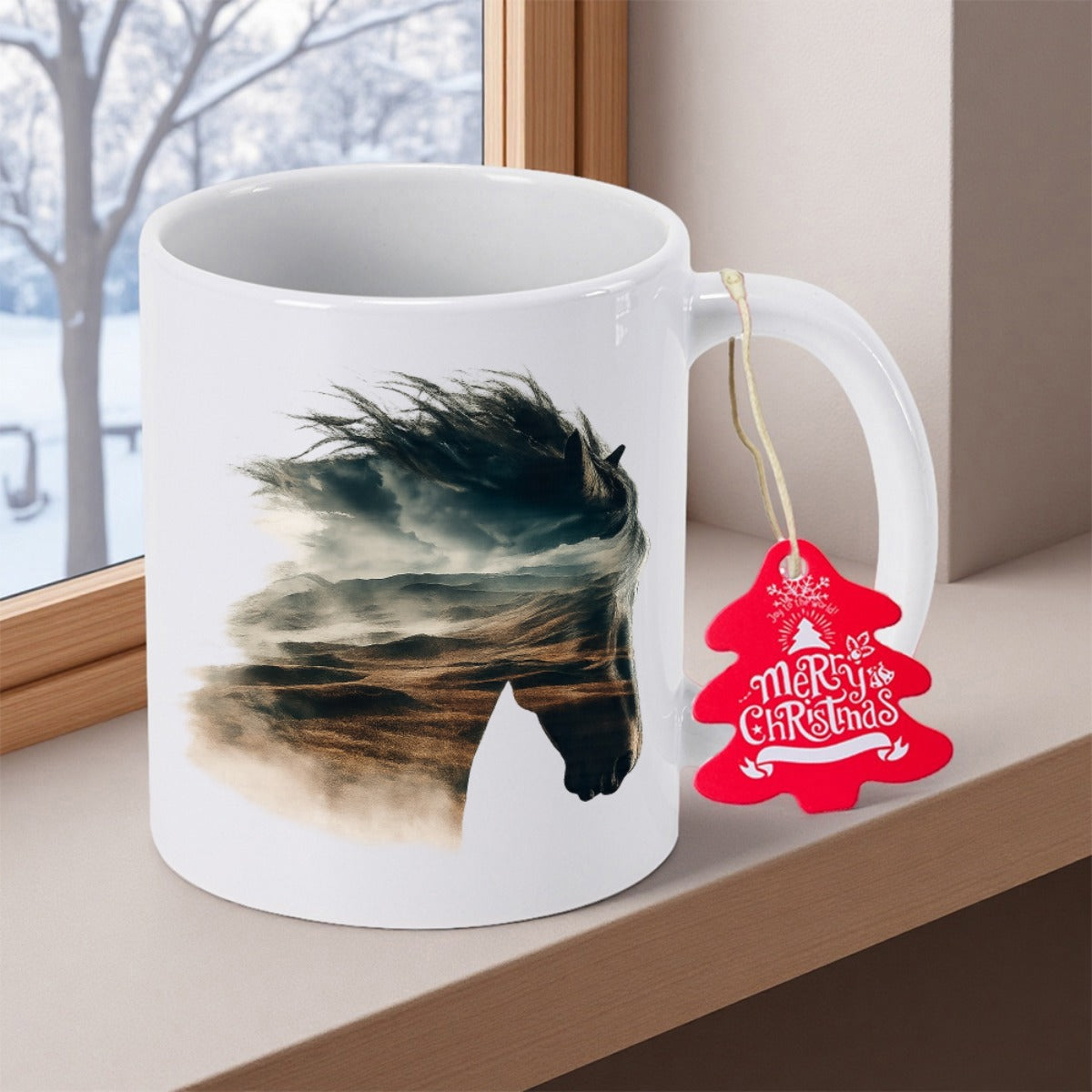 Tailorly White Ceramic 11 oz Mug - Merry Christmas Double Exposure Landscape Inside Windswept Mane Silhouette Majestic Horse