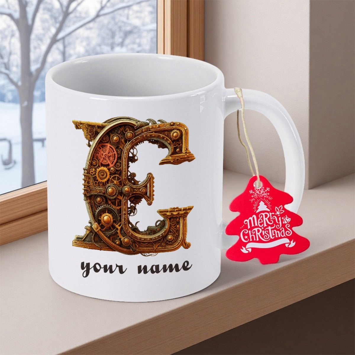 Tailorly White Ceramic 11 oz Mug - Your Name Merry Christmas Intricate Steampunk Gears And Mechanical Parts Forming A Decorative Metallic Capital Letter E