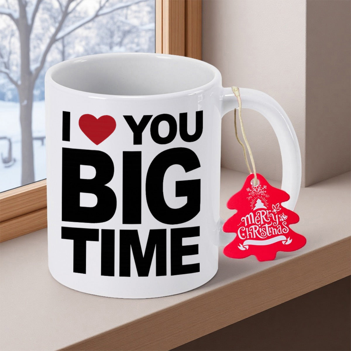 Tailorly White Ceramic 11 oz Mug - I Love You Big Time Bold Black Lettering Featuring A Red Heart On Smooth Surface Mug
