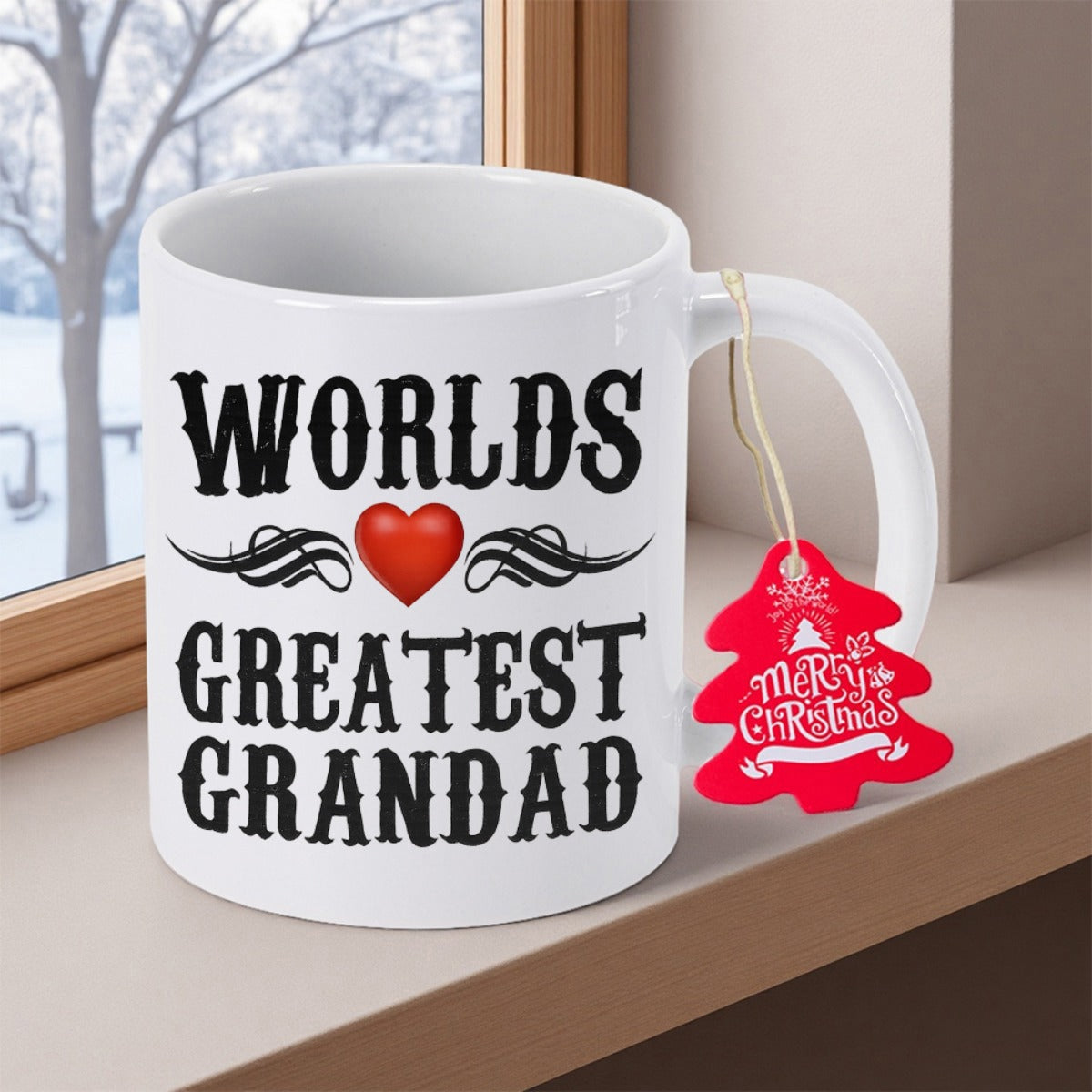 Tailorly White Ceramic 11 oz Mug - Worlds Greatest Grandad Merry Christmas Bold Vintage Typography Centered Around A Radiant Red Heart With Decorative Wings Heart