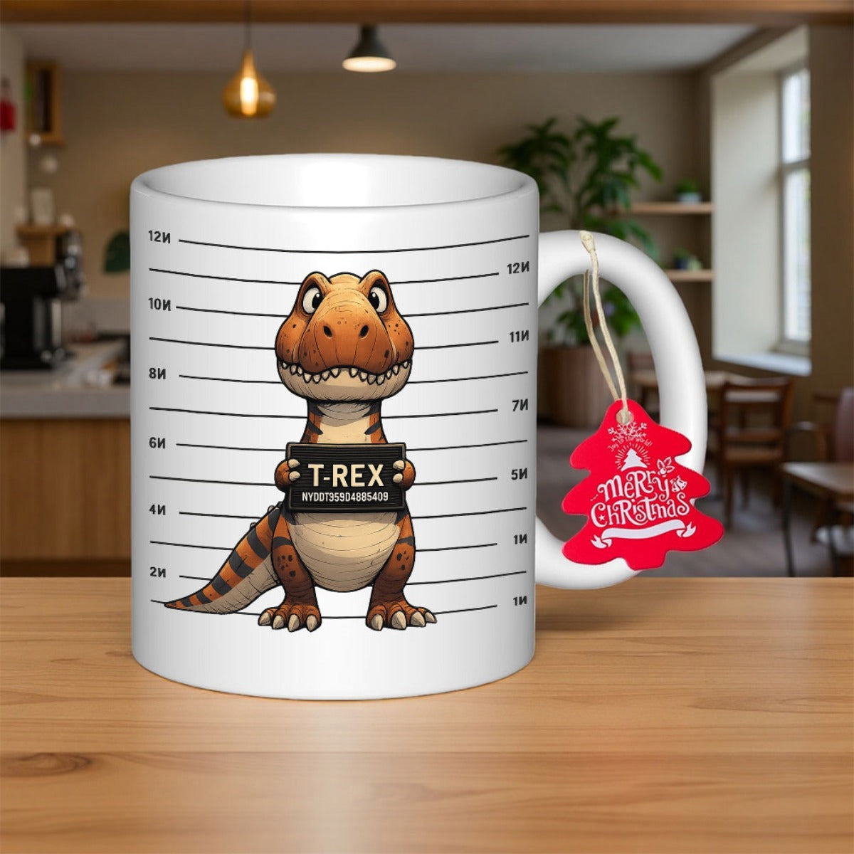 Tailorly White Ceramic 11 oz Mug - T Rex Adorable Cartoon Mugshot With Height Lines Holding An Identification Board Dinosaur