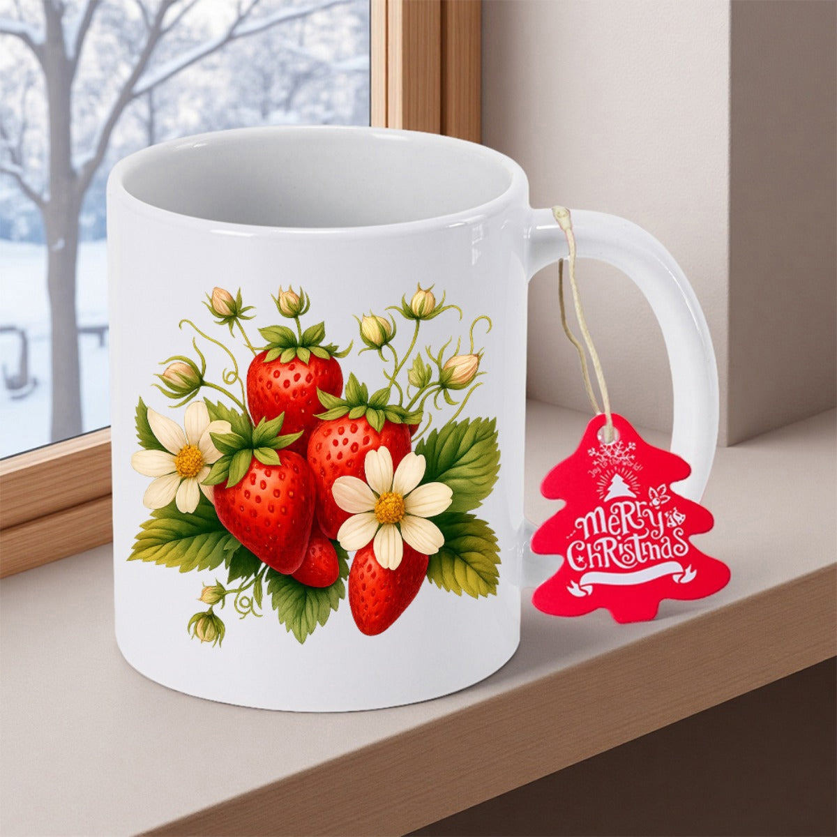 Tailorly White Ceramic 11 oz Mug - Merry Christmas Vibrant Ripe Berries With White Flowers And Green Leaves Strawberry