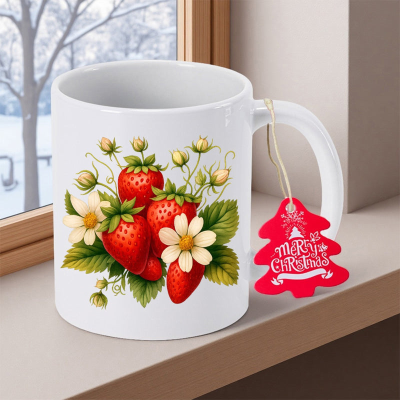 Tailorly White Ceramic 11 oz Mug - Merry Christmas Vibrant Ripe Berries With White Flowers And Green Leaves Strawberry