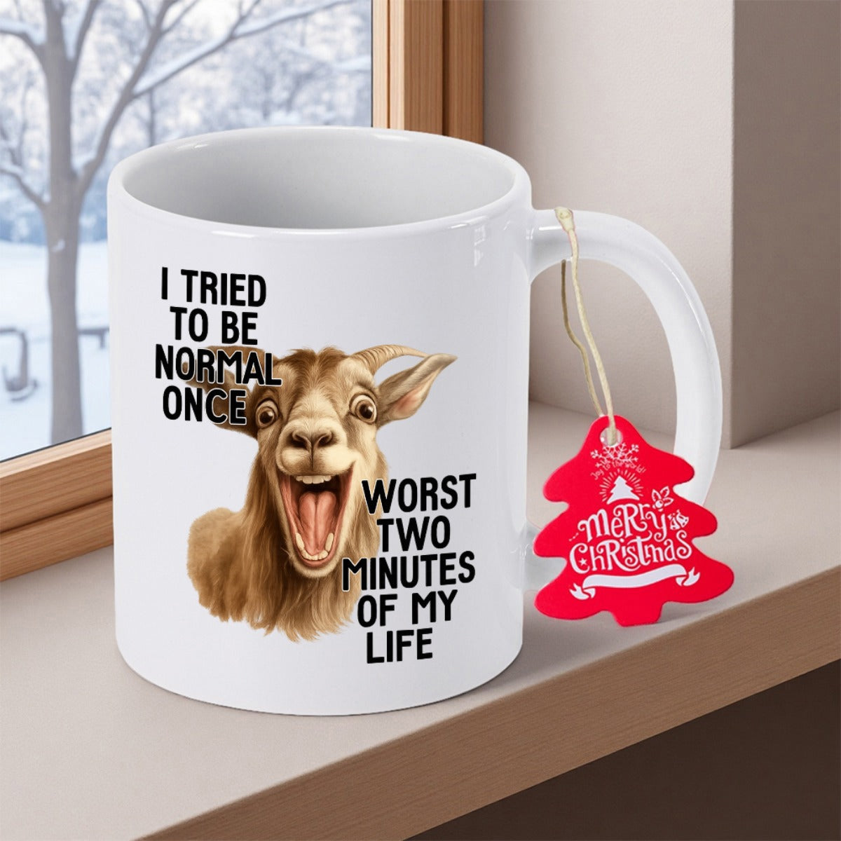 Tailorly White Ceramic 11 oz Mug - I Tried To Be Normal Once Worst Two Minutes Of My Life Funny Screaming Brown Goat With Expressive Face And Open Wide Mouth Goat