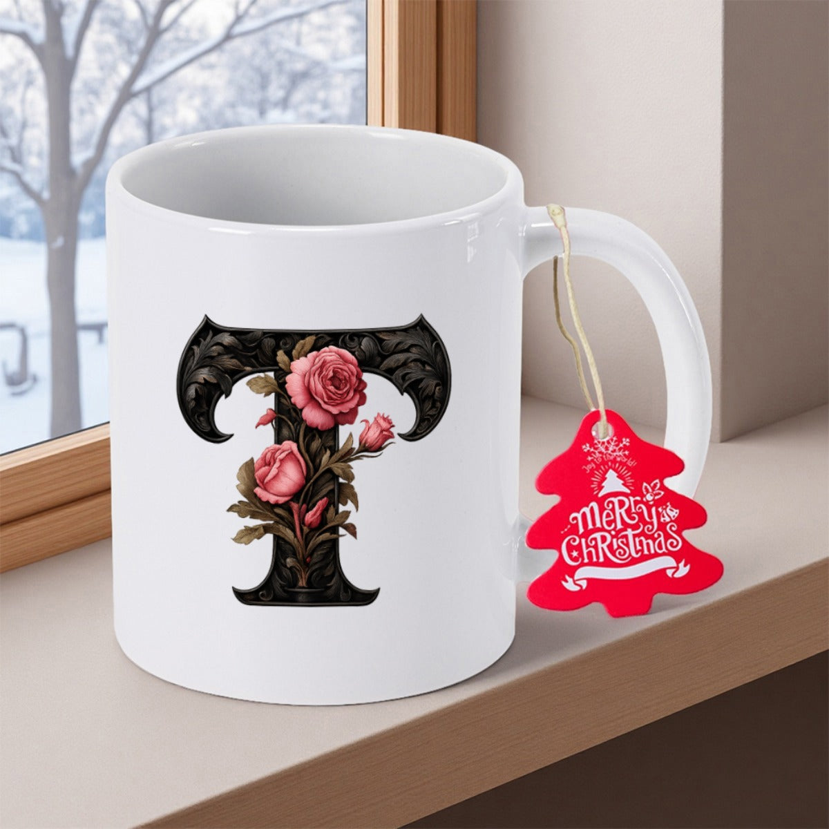 Tailorly White Ceramic 11 oz Mug - Merry Christmas Vintage Ornate Black Capital Serif Initial With Elegant Pink Garden Roses Letter