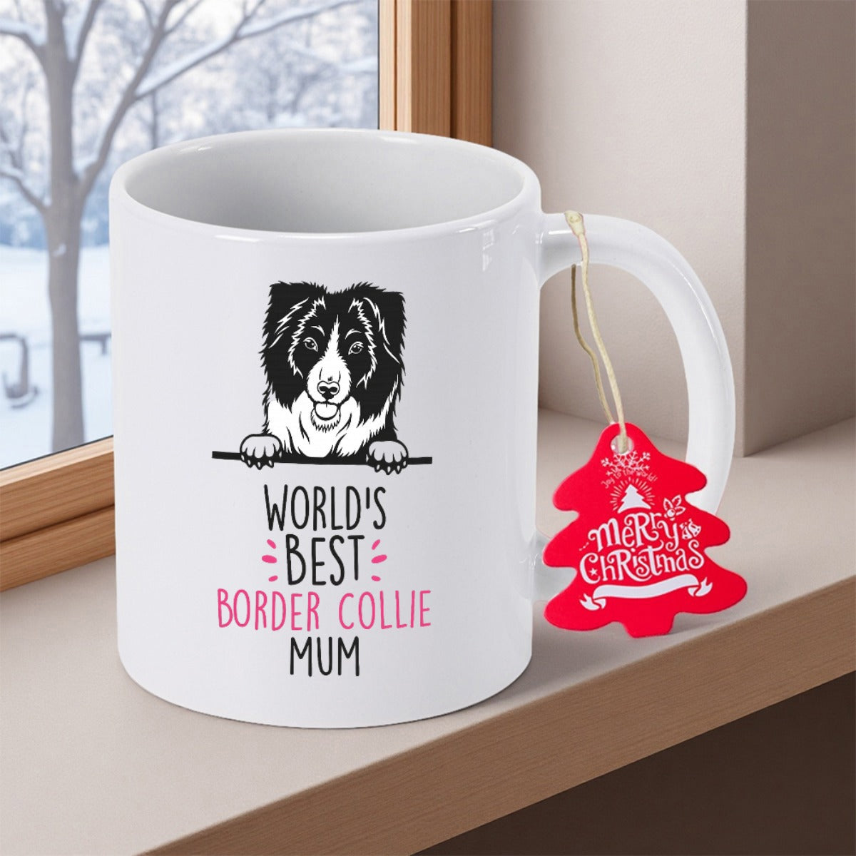 Tailorly White Ceramic 11 oz Mug - World's Best Border Collie Mum Minimalist Black And White Illustration Of A Peeking Dog