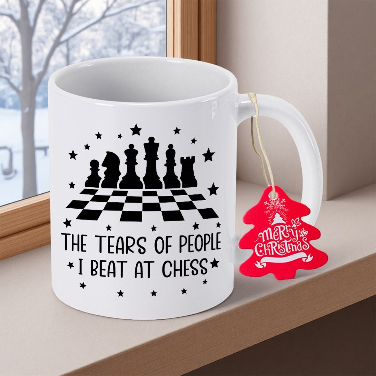 Tailorly White Ceramic 11 oz Mug - The Tears Of People I Beat At Chess Black Chess Pieces Standing On A Checkered Pattern Board With Stars Chess