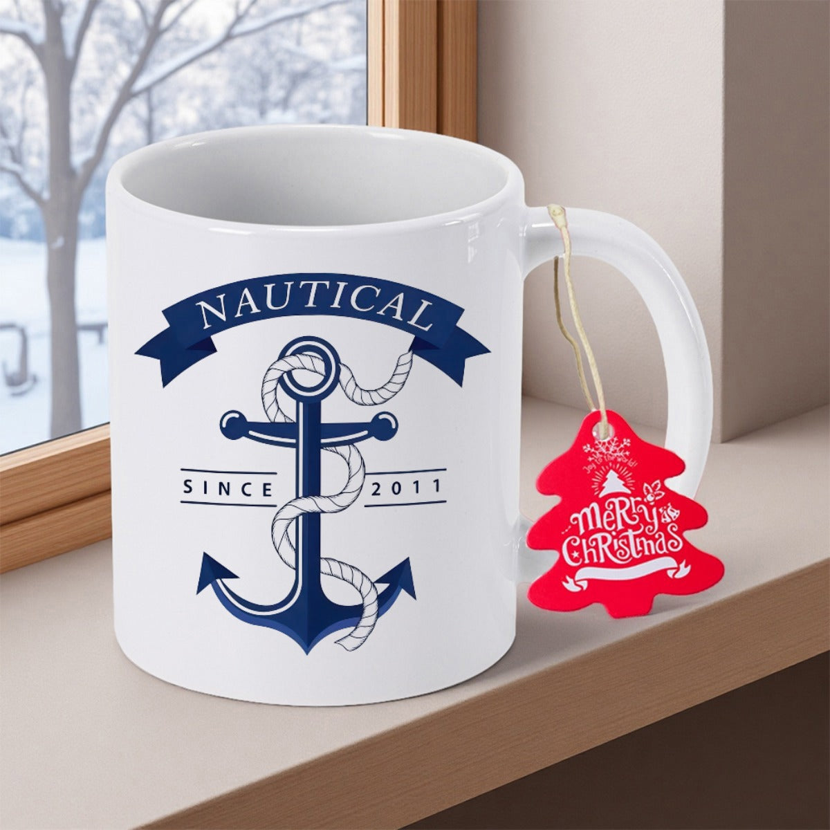 Tailorly White Ceramic 11 oz Mug - Nautical Since 2011 Merry Christmas Classic Dark Blue Maritime Emblem Wrapped With Decorative White Twine Style Rope Anchor