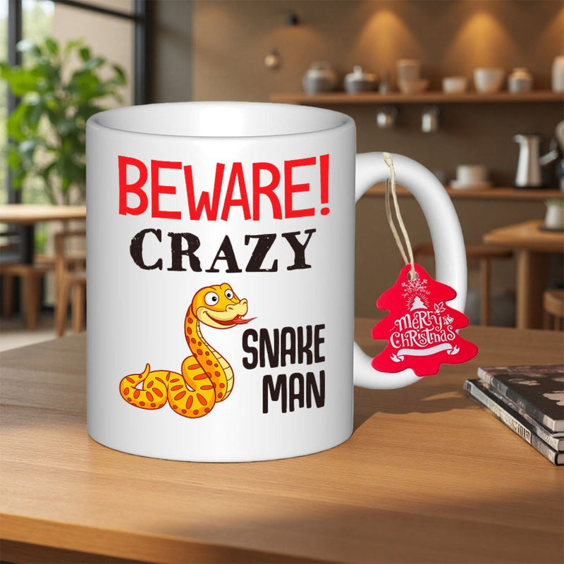 Tailorly White Ceramic 11 oz Mug - Beware Crazy Snake Man Friendly Coiled Cartoon Rattlesnake With Vibrant Orange Scales And Smiling Face Snake