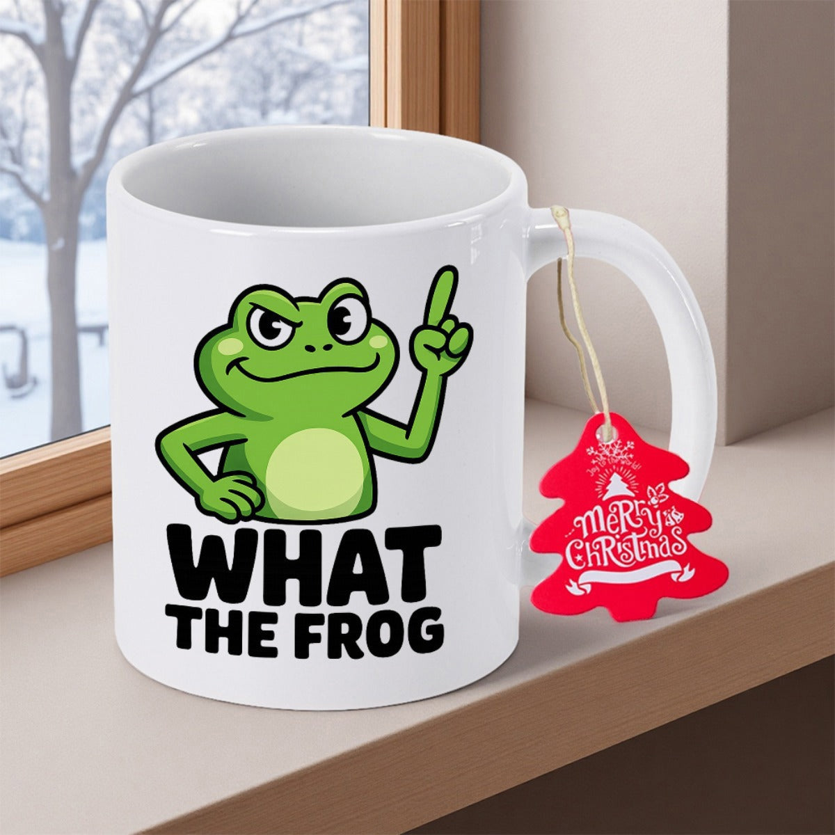 Tailorly White Ceramic 11 oz Mug - What The Frog Cheeky Green Cartoon Character Pointing Upwards In Playful Artistic Style Frog
