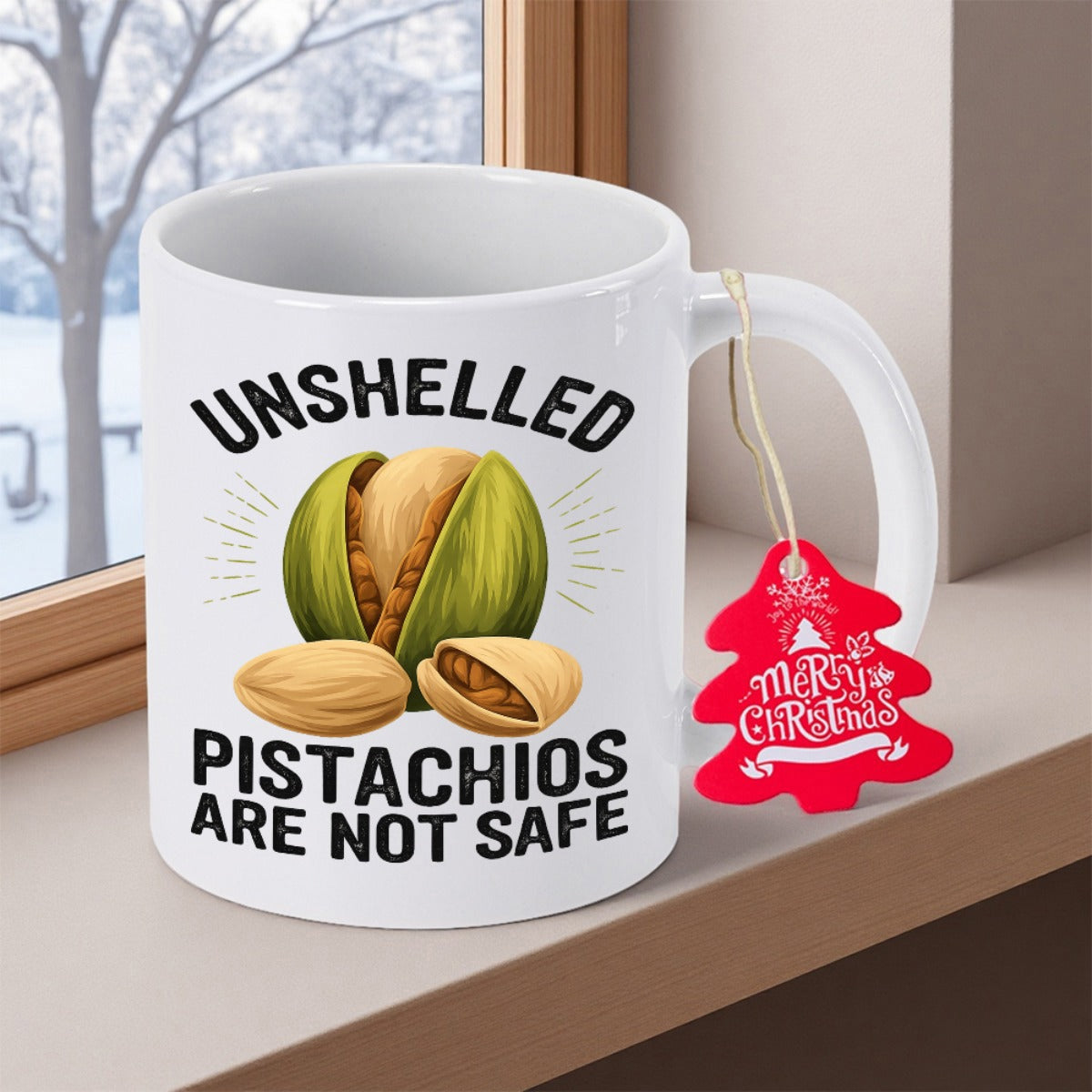 Tailorly White Ceramic 11 oz Mug - Unshelled Pistachios Are Not Safe Realistic Green And Tan Nuts With Open Shell On White Ceramic Pistachio