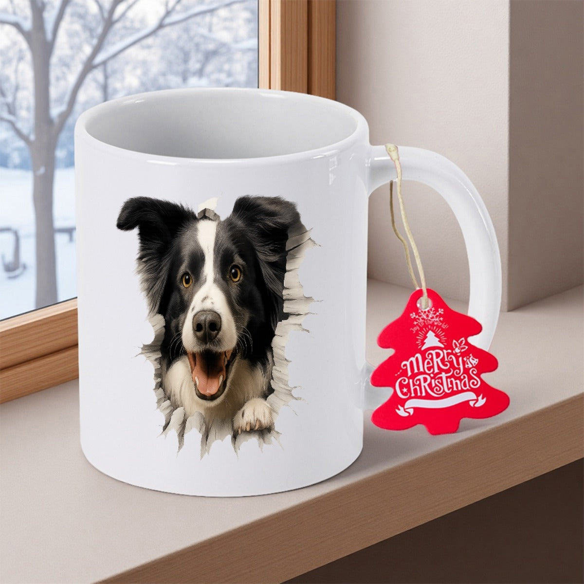Tailorly White Ceramic 11 oz Mug - Merry Christmas Friendly Border Collie Peeking Through Torn White Background Surface Effect Dog