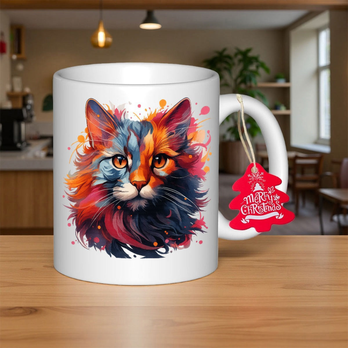 Tailorly White Ceramic 11 oz Mug - Vibrant Artistic Watercolor Portrait Featuring Splashes Of Bold Colors Cat