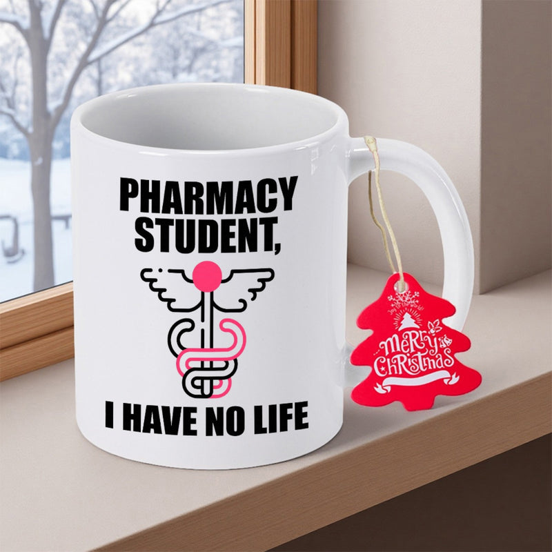 Tailorly White Ceramic 11 oz Mug - Pharmacy Student I Have No Life Modern Minimalist Medical Emblem With Simple Wings And Colorful Coiling Snakes Caduceus