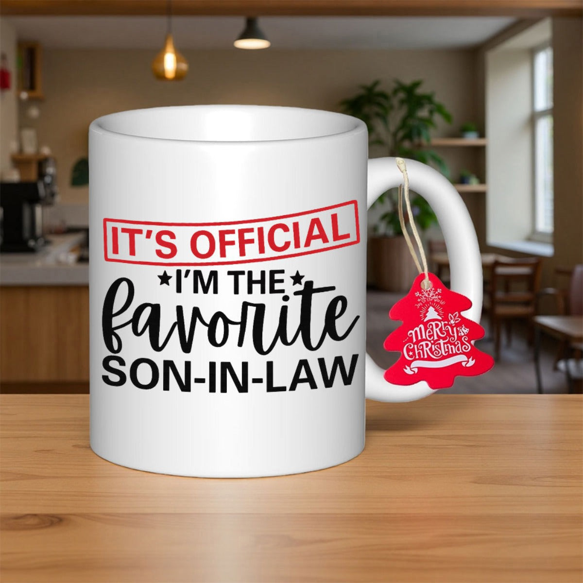 Tailorly White Ceramic 11 oz Mug - Its Official Im The Favorite Son In Law Classic White Ceramic Material With Bold Red Frame And Star Accents Mug