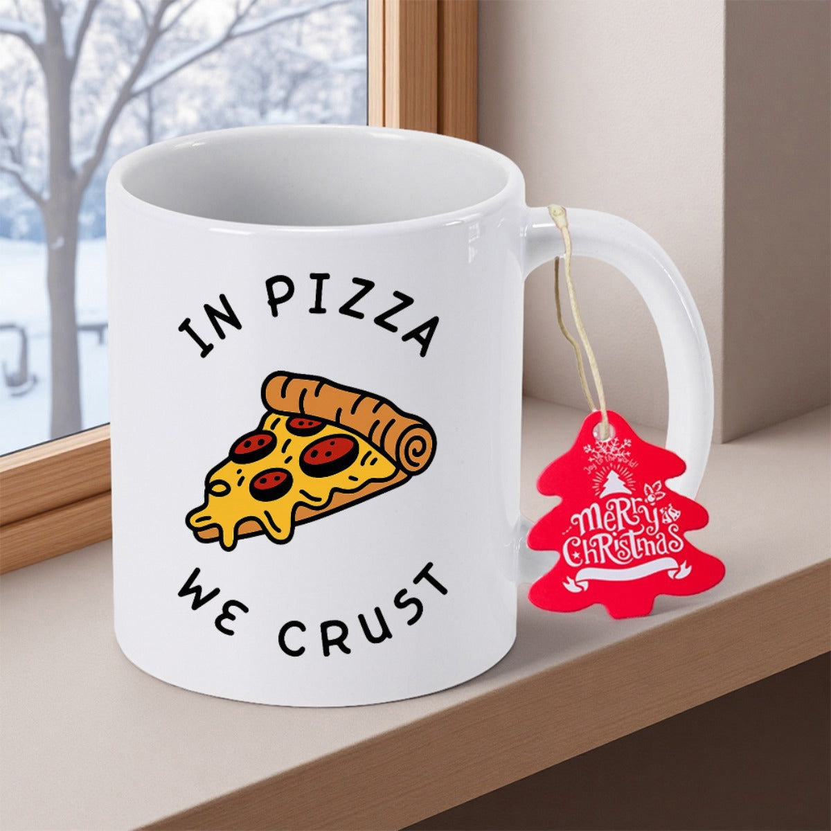 Tailorly White Ceramic 11 oz Mug - In Pizza We Crust Cartoon Style Pepperoni Slice With Melting Cheese And Crispy Golden Crust Pizza