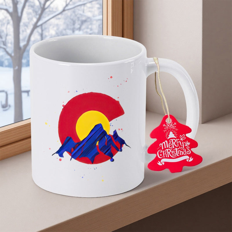 Tailorly White Ceramic 11 oz Mug - Merry Christmas Iconic Colorado Flag Symbol With Rugged Blue Geometric Peaks Mountain