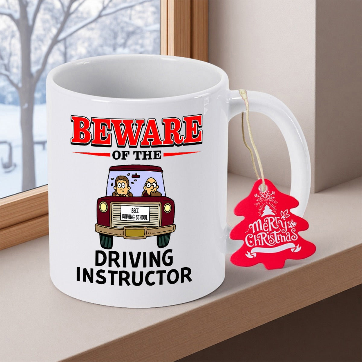 Tailorly White Ceramic 11 oz Mug - Beware Of The Driving Instructor Cartoon Vehicle Carrying Two People Driving On Simple Background Car