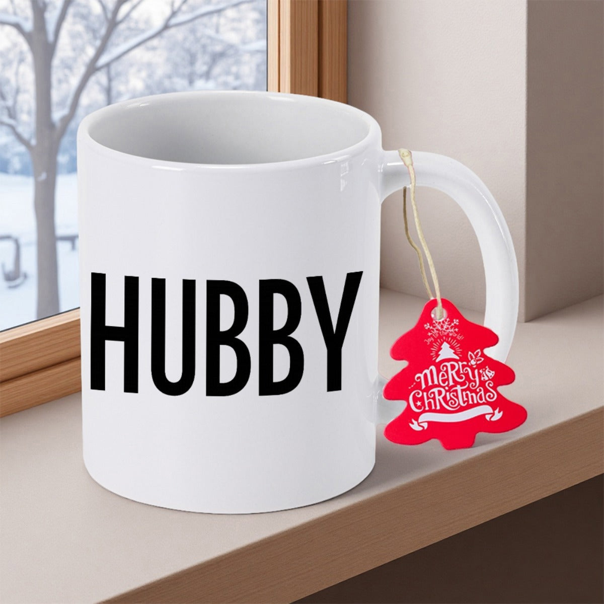 Tailorly White Ceramic 11 oz Mug - Hubby Merry Christmas Minimalist With Bold Black Block Text Mug