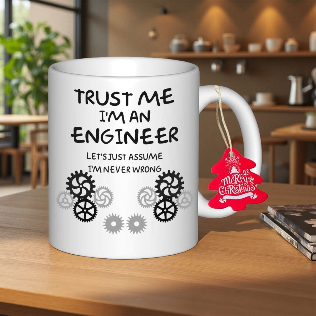 Tailorly White Ceramic 11 oz Mug - Trust Me Im An Engineer Lets Just Assume Im Never Wrong Circular Mechanical Gears Arranged Neatly On A Polished White Surface