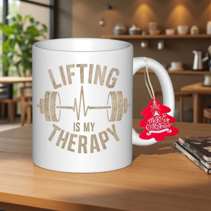 Tailorly White Ceramic 11 oz Mug - Lifting Is My Therapy Distressed Vintage Style Weightlifting With Heartbeat Pulse Graphic Barbell