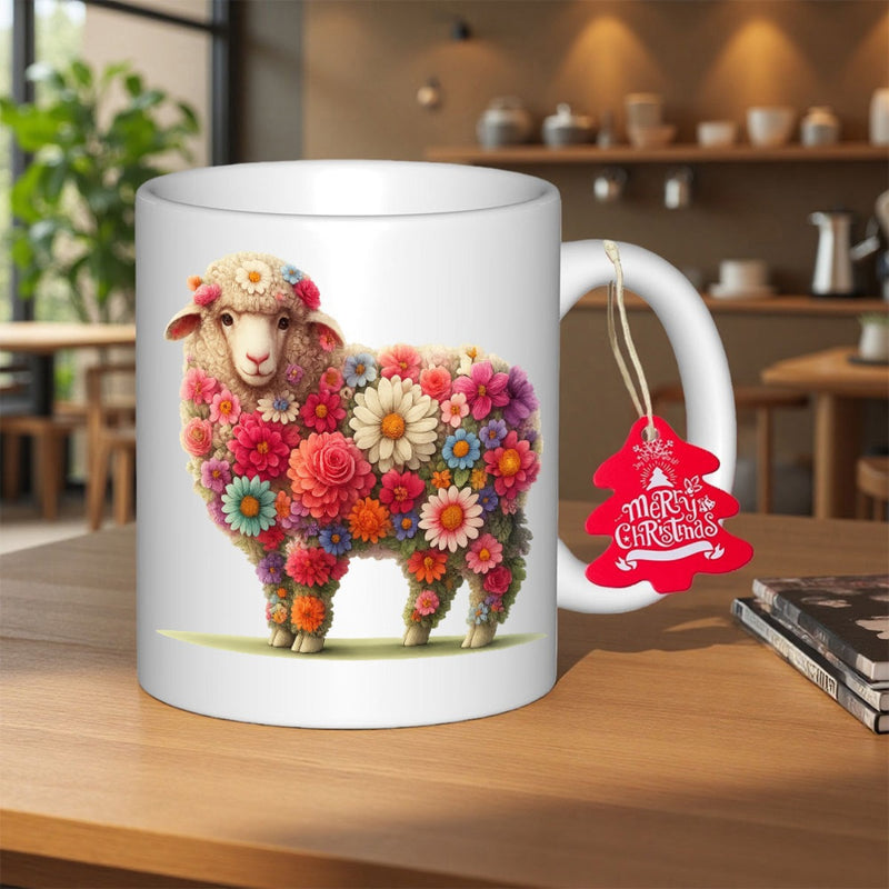 Tailorly White Ceramic 11 oz Mug - Merry Christmas Vibrant Colorful Flowers Forming A Beautiful Standing Woolly Spring Garden Sheep