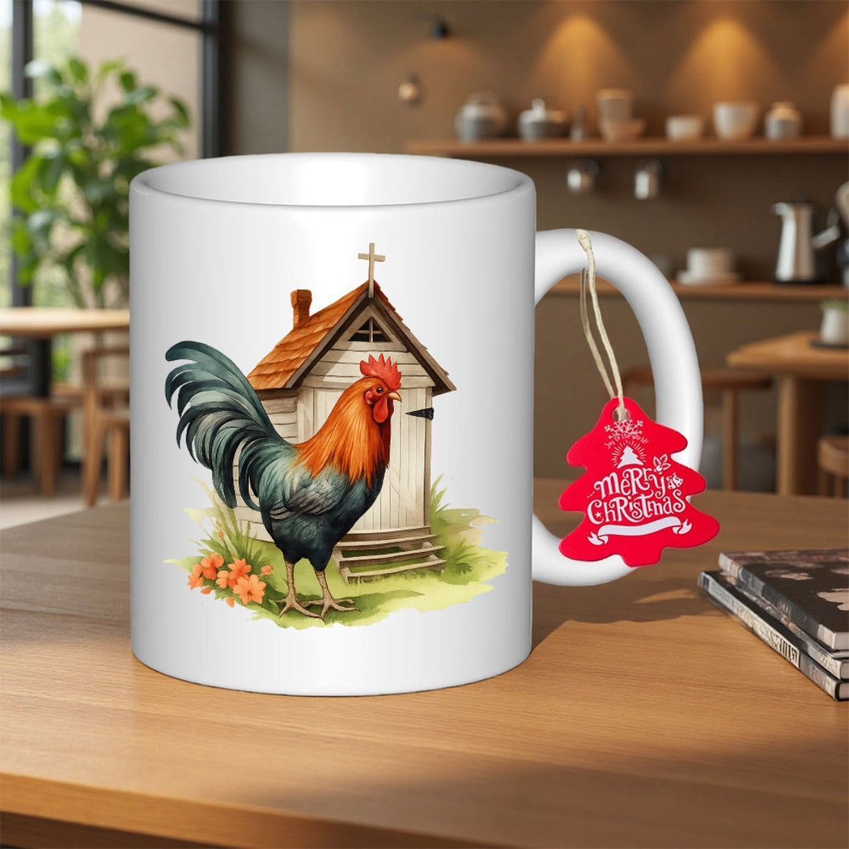 Tailorly White Ceramic 11 oz Mug - Merry Christmas Proud Colorful Bird Standing In Front Of A Rustic Shack Rooster