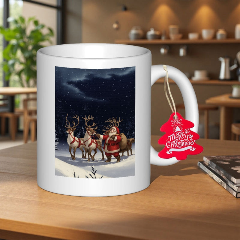 Tailorly White Ceramic 11 oz Mug - Merry Christmas Majestic Reindeer And Santa Standing In A Snowy Winter Night Santa Claus