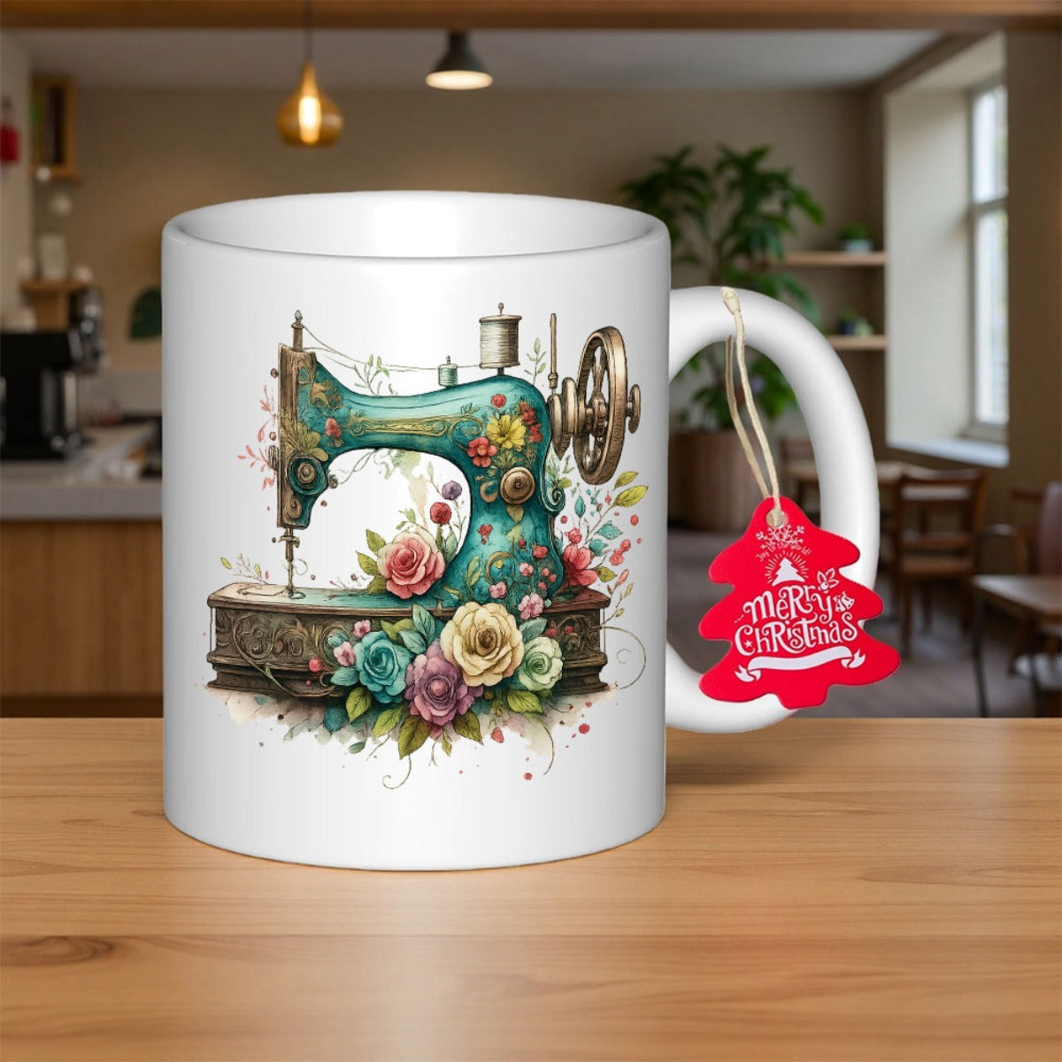 Tailorly White Ceramic 11 oz Mug - Merry Christmas Vintage Teal Body Adorned With Vibrant Blooming Pastel Roses Sewing Machine