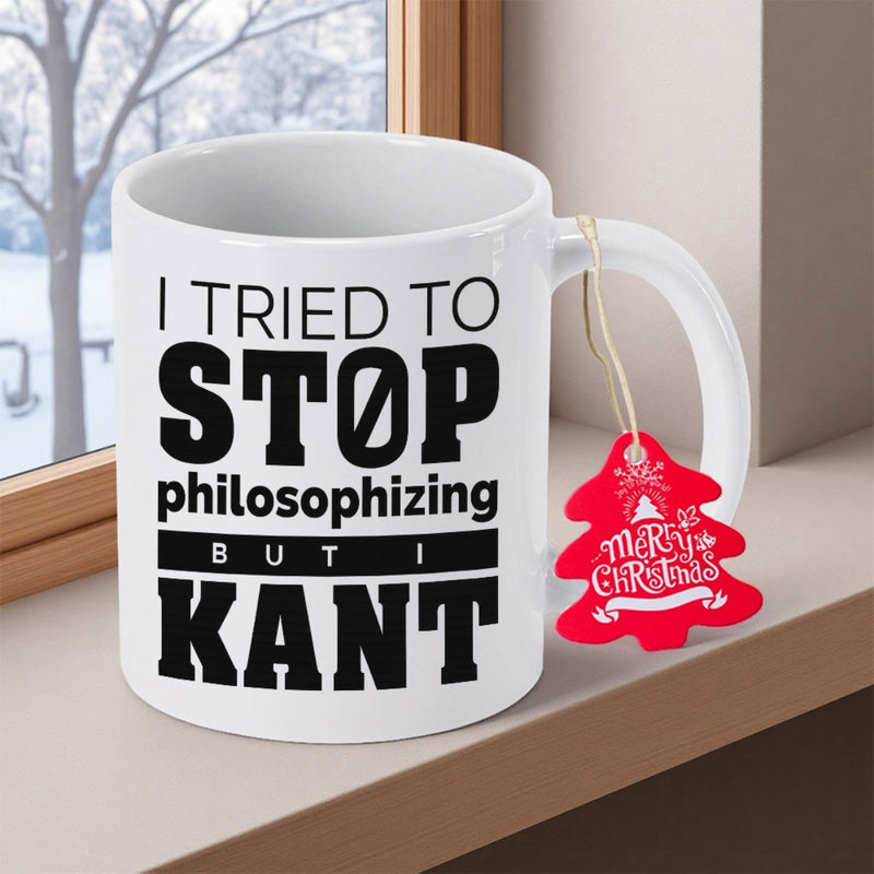 Tailorly White Ceramic 11 oz Mug - I Tried To Stop Philosophizing But I Kant Minimalist White Ceramic Vessel With Festive Hanging Red Ornament Decoration Mug