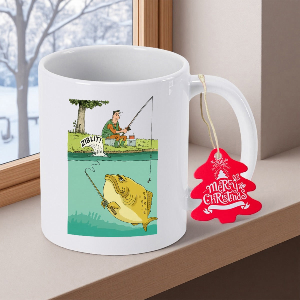 Tailorly White Ceramic 11 oz Mug - Zapp Merry Christmas Funny Cartoon Scene Showing Man Sitting On River Bank Above A Large Fish