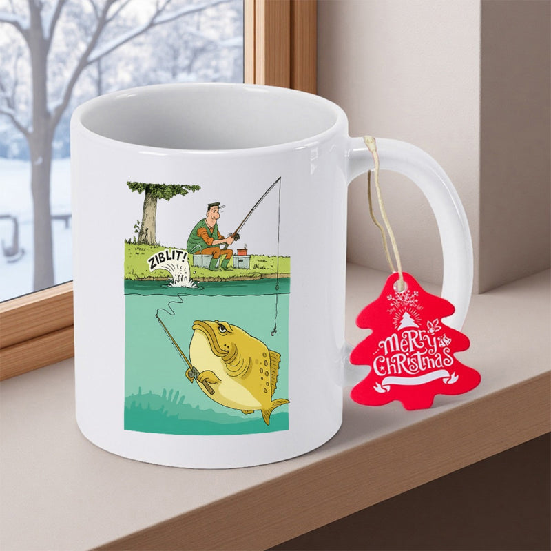 Tailorly White Ceramic 11 oz Mug - Zapp Merry Christmas Funny Cartoon Scene Showing Man Sitting On River Bank Above A Large Fish