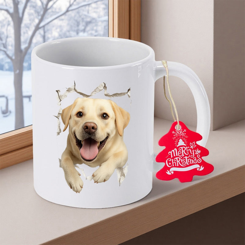 Tailorly White Ceramic 11 oz Mug - Merry Christmas Smiling Yellow Labrador Retriever Bursting Through A Cracked White Surface Labrador