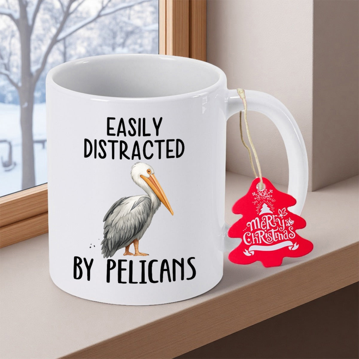 Tailorly White Ceramic 11 oz Mug - Easily Distracted By Pelicans Realistic Bird Resting With Detailed Gray And White Feathers Pelican