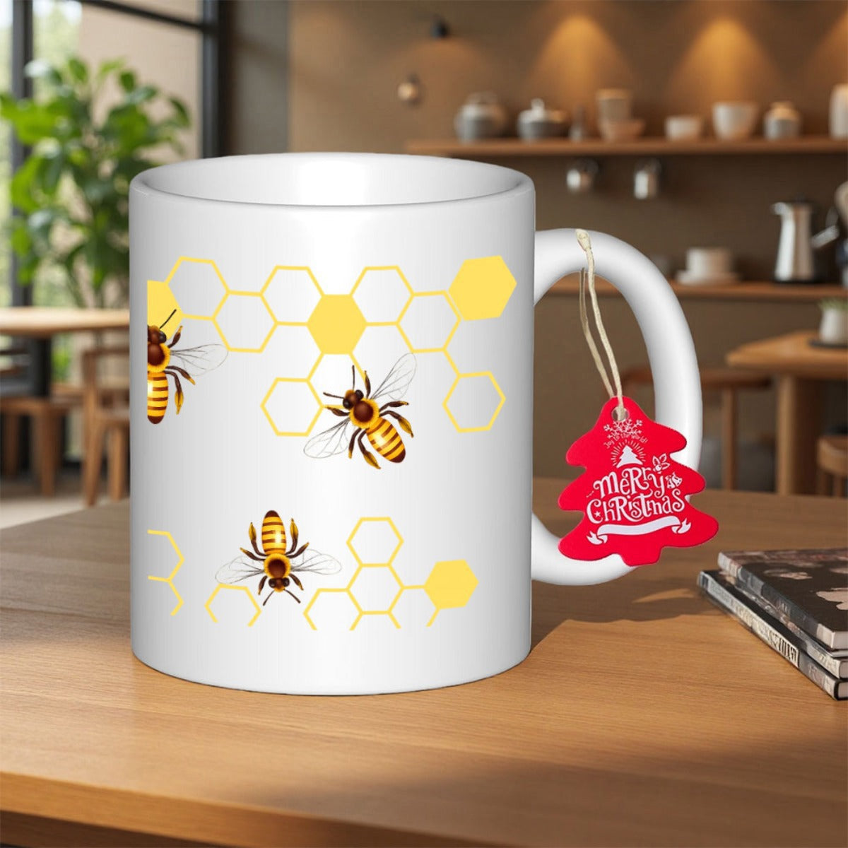 Tailorly White Ceramic 11 oz Mug - Merry Christmas Golden Honeybees Flying Around Geometric Yellow Honeycomb Pattern Bee