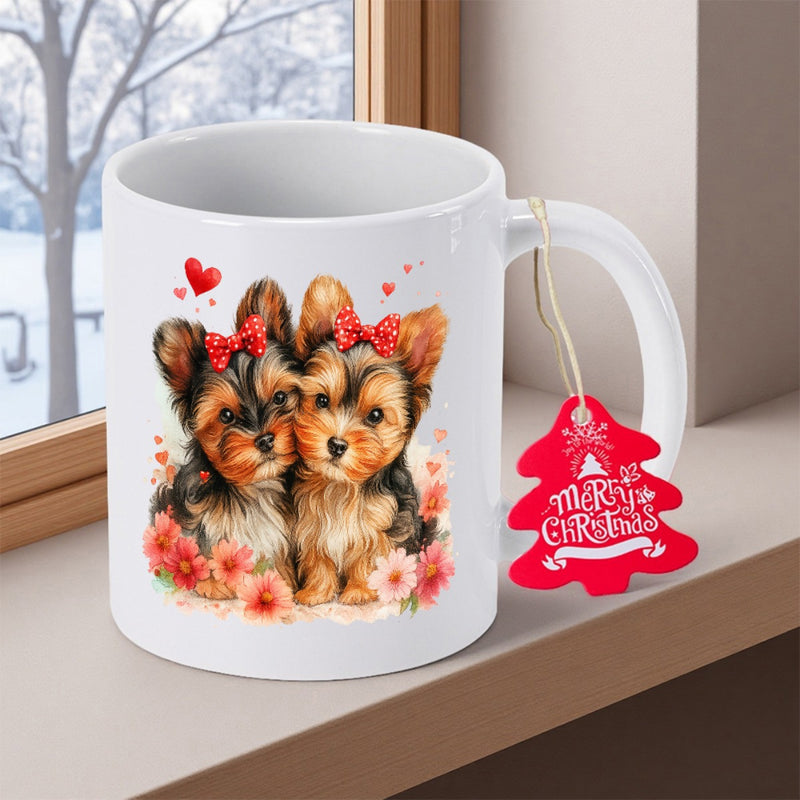 Tailorly White Ceramic 11 oz Mug - Merry Christmas Two Adorable Yorkshire Terrier Puppies Wearing Red Bows Among Pink Blossoms Dog