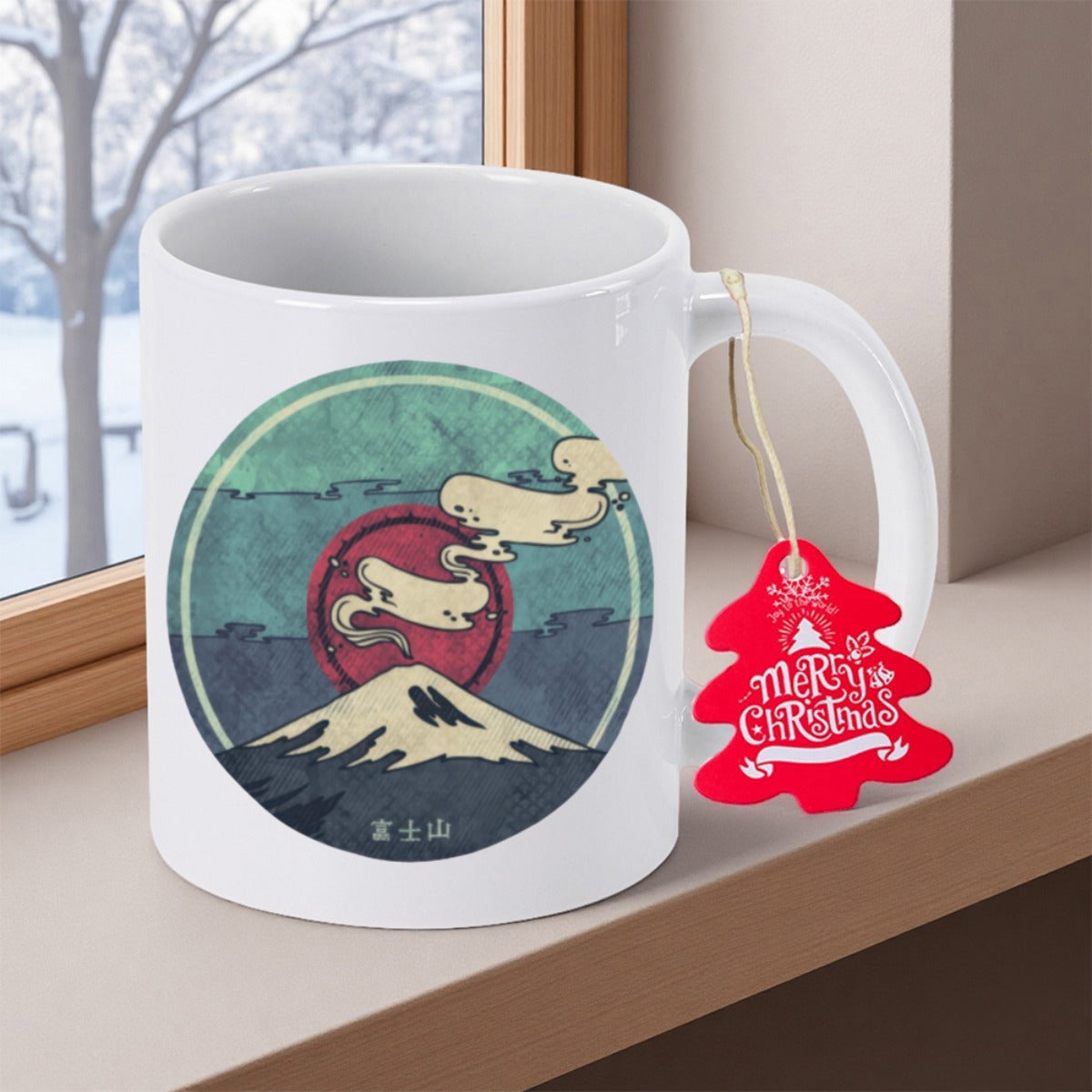 Tailorly White Ceramic 11 oz Mug - Merry Christmas Majestic Snowy Peak Under Red Rising Sun With Stylized Clouds Mountain