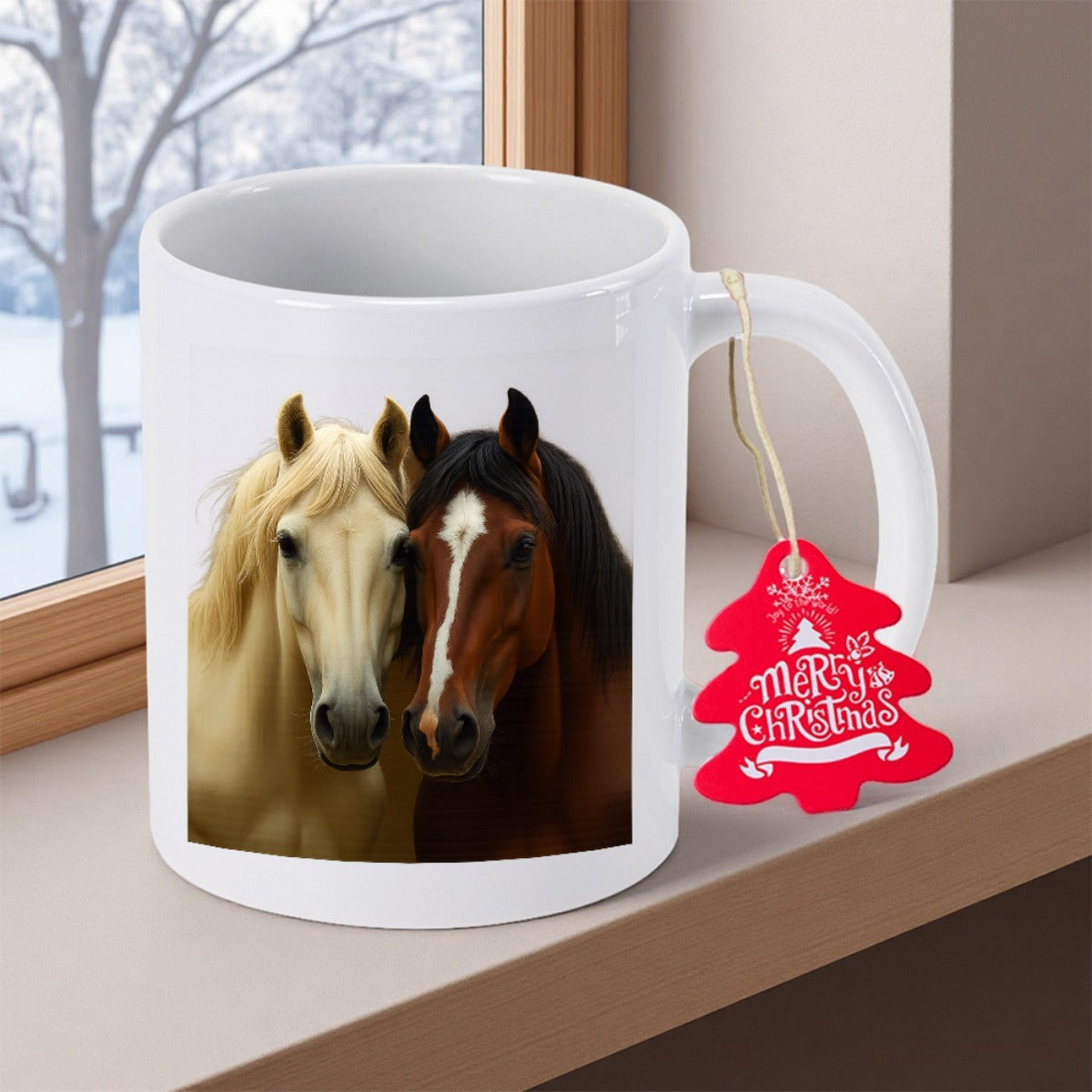 Tailorly White Ceramic 11 oz Mug - Merry Christmas Realistic Portraits Of A Palomino And Bay Horse Standing Together Horse