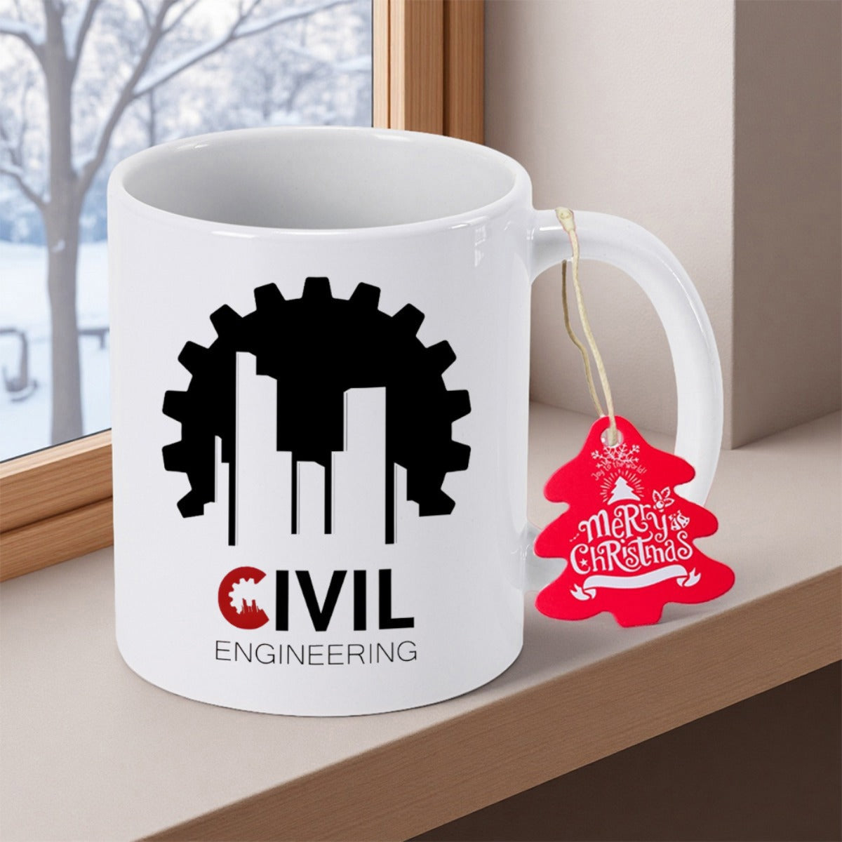 Tailorly White Ceramic 11 oz Mug - Civil Engineering Industrial Skyline Silhouette Set Inside A Large Mechanical Gear Gear