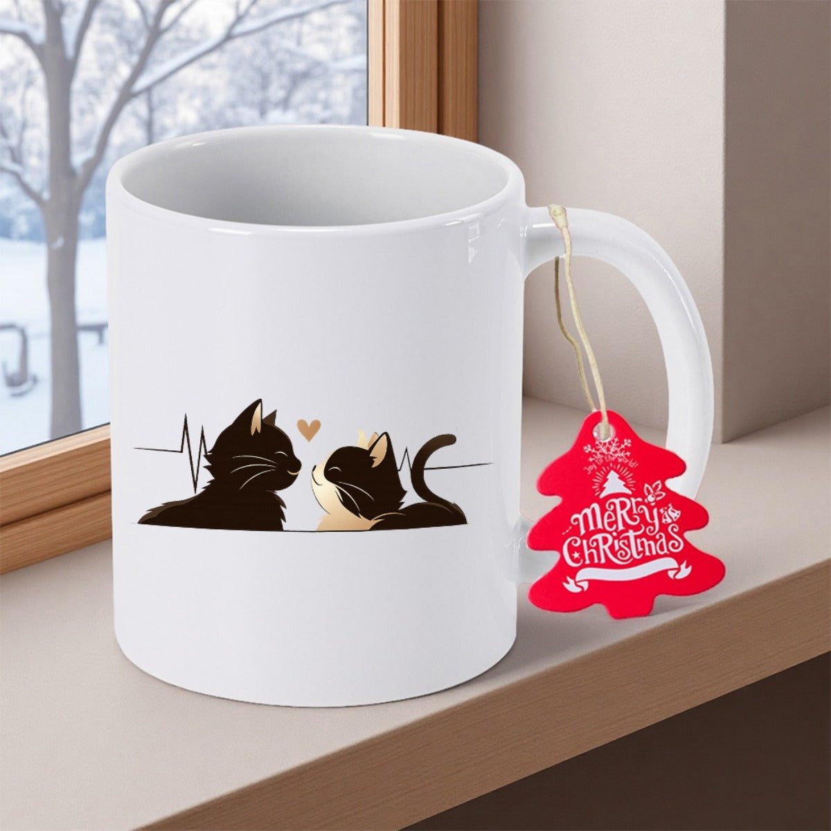 Tailorly White Ceramic 11 oz Mug - Merry Christmas Two Adorable Felines With Heartbeat Line Sharing Sweet Love Minimalist Cat