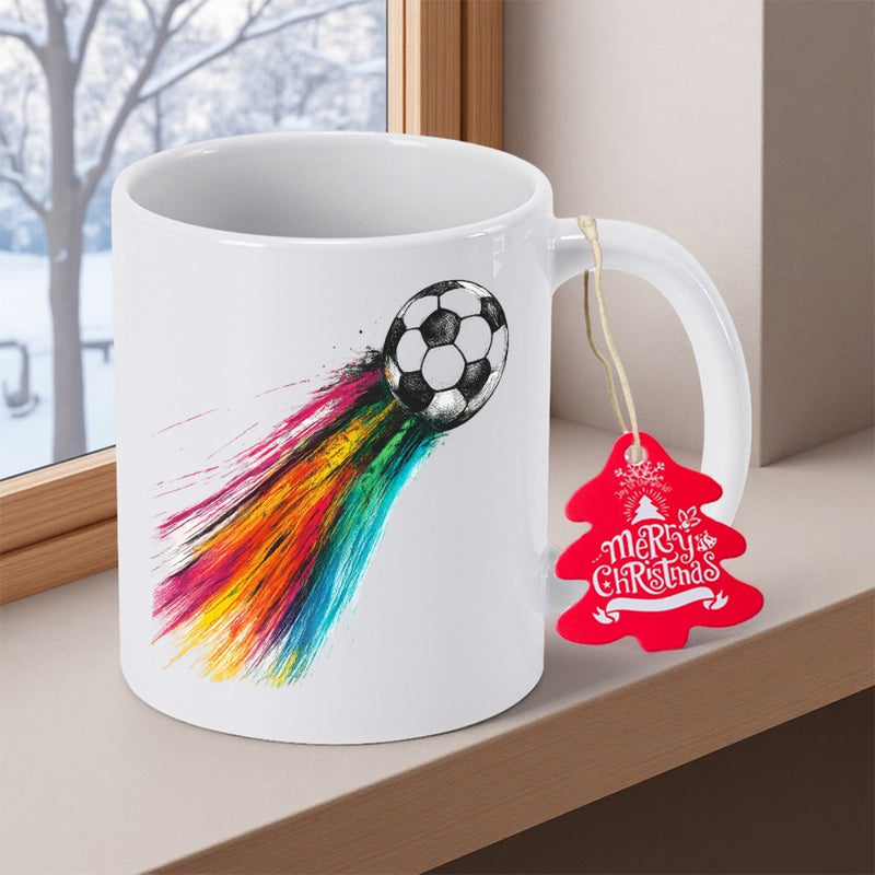 Tailorly White Ceramic 11 oz Mug - Vibrant Colorful Rainbow Watercolor Splatter Motion Tail Speeding Classic Soccer Ball