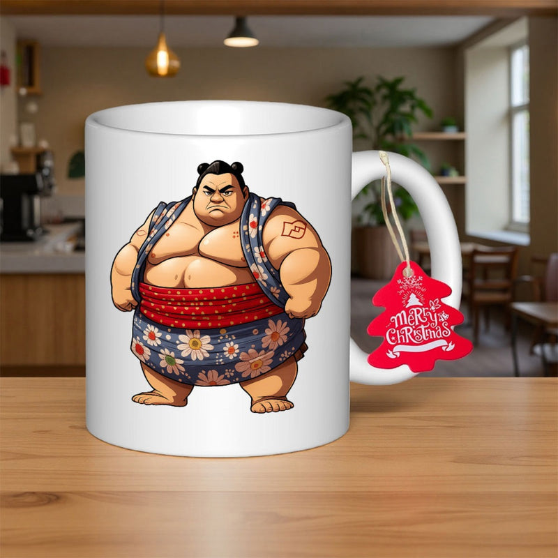 Tailorly White Ceramic 11 oz Mug - Merry Christmas Powerful Traditional Sumo In Floral Garments Standing With Determination Wrestler