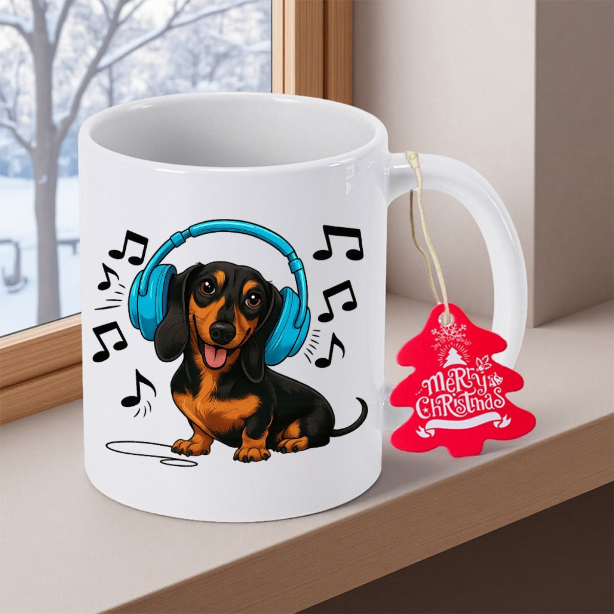 Tailorly White Ceramic 11 oz Mug - Merry Christmas Adorable Dog Wearing Large Blue Headphones Surrounded By Musical Notes Dachshund