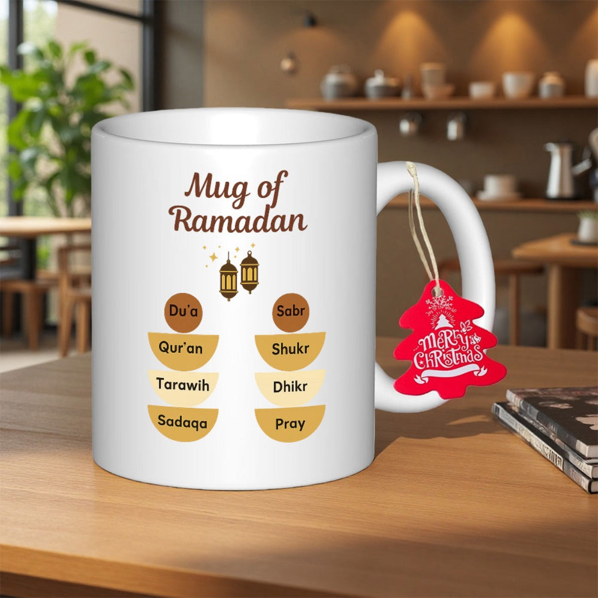 Tailorly White Ceramic 11 oz Mug - Mug Of Ramadan Dua Sabr Glowing Golden Lanterns Hanging Over Semicircle Patterns With Religious Words Mug