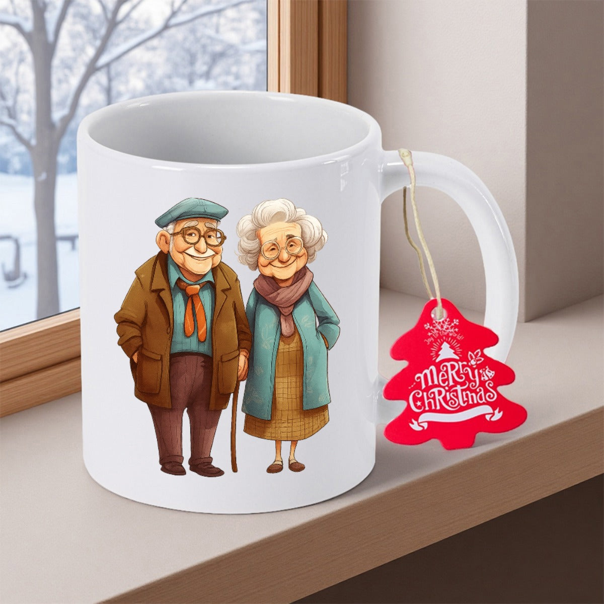 Tailorly White Ceramic 11 oz Mug - Merry Christmas Lovely Cartoon Elderly Couple Standing Together Wearing Warm Winter Clothing Hand Drawn Couple