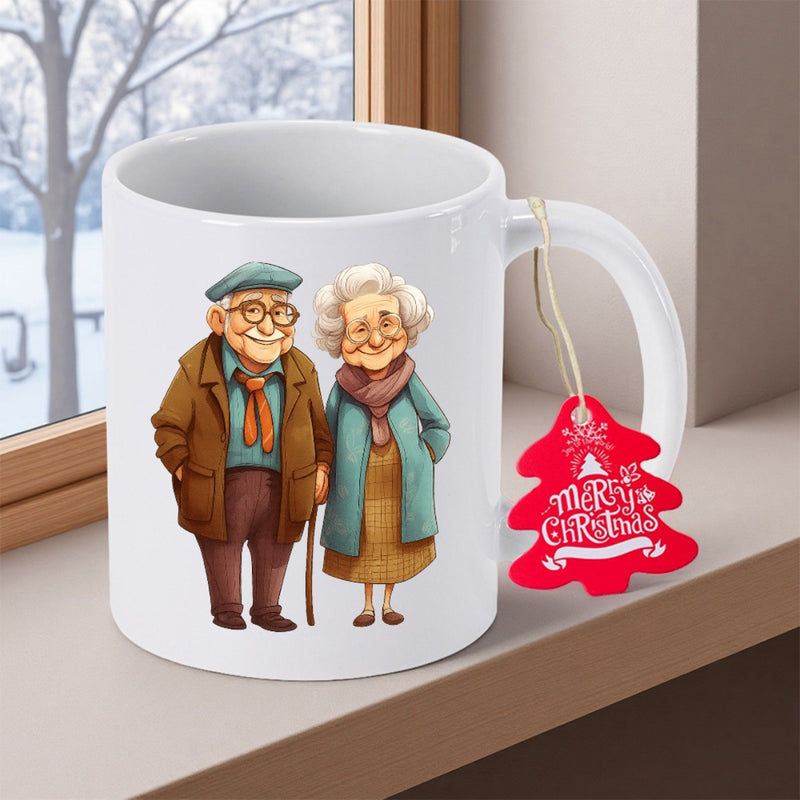 Tailorly White Ceramic 11 oz Mug - Merry Christmas Lovely Cartoon Elderly Couple Standing Together Wearing Warm Winter Clothing Hand Drawn Couple